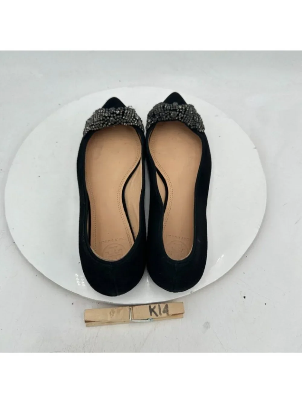 Tory Burch Vanessa Women Sz 8.5M Black Suede Pointed Toe Crystal Bow Flat Shoes